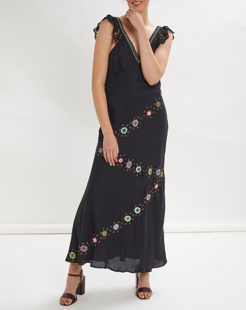 Constance schwarzes besticktes langes Kleid
