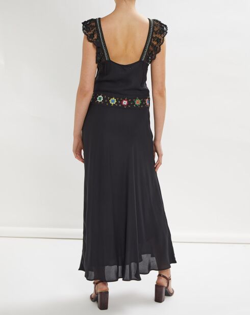 Constance schwarzes besticktes langes Kleid