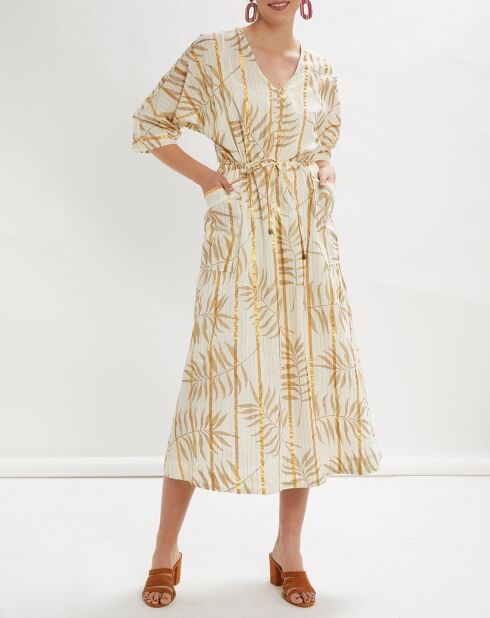 Langes, ecrufarbenes, bedrucktes Kleid im Kimono-Stil von Parker