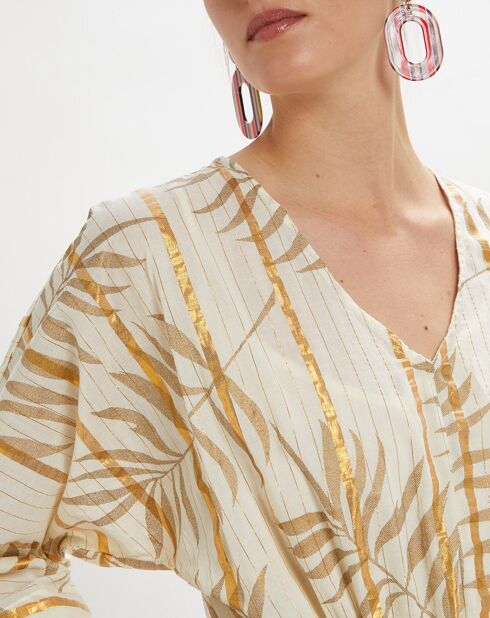 Langes, ecrufarbenes, bedrucktes Kleid im Kimono-Stil von Parker