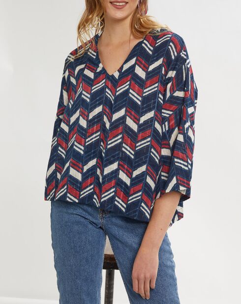 Túnica grande Myra estampada azul marino/rojo