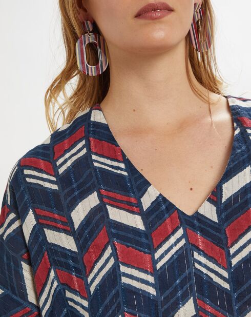 Túnica grande Myra estampada azul marino/rojo