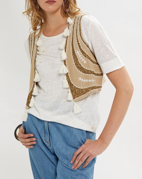Gilet à sequins et pompons beige
