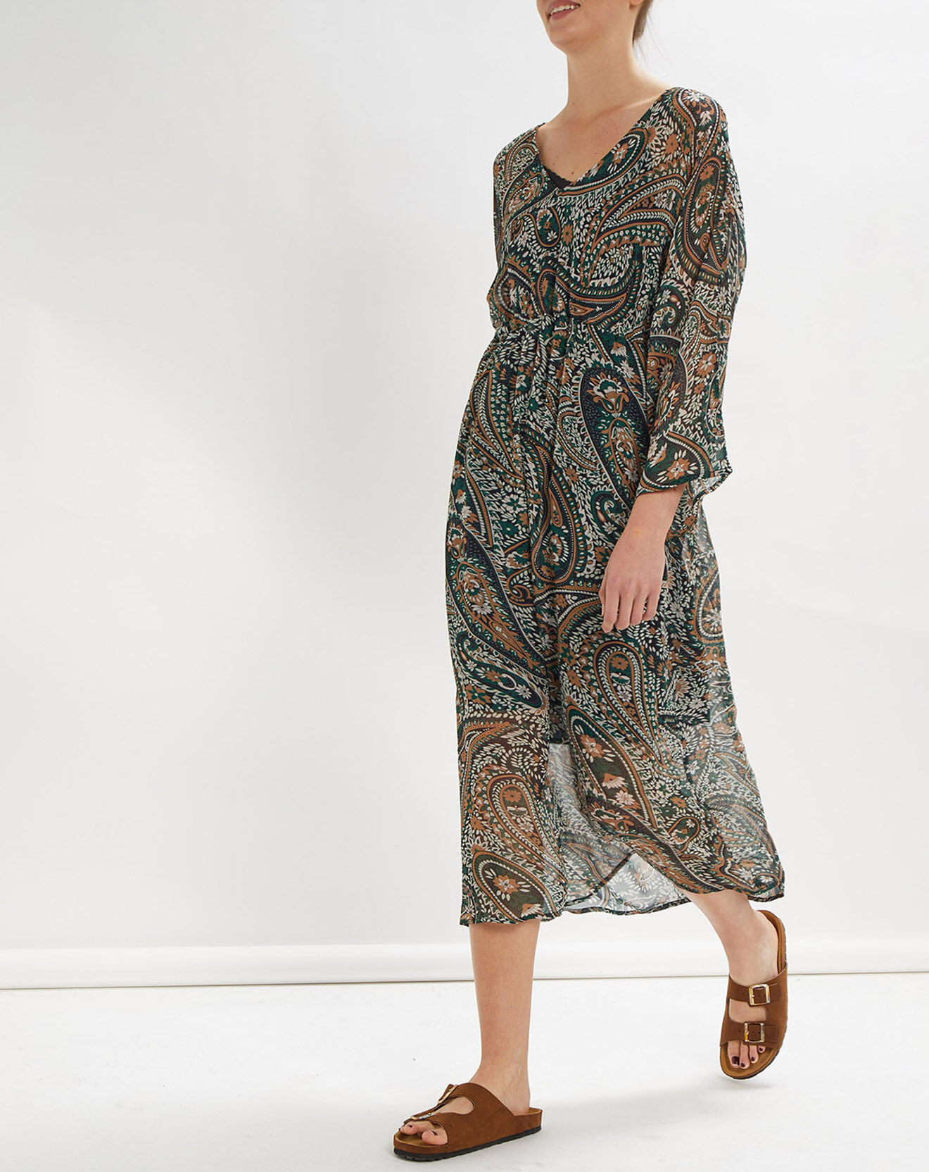 Robe Enveloppe Vert émeraude Imprimée Florale - Longueur Genou - Manches 3/4 - Neuf Avec étiquettes