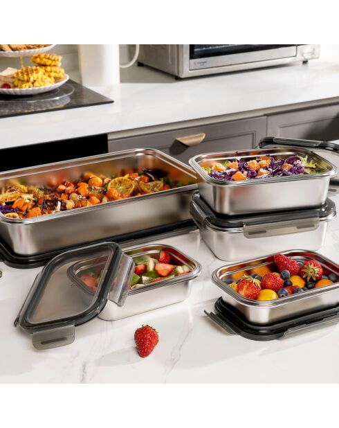 5 rechteckige graue Edelstahlboxen