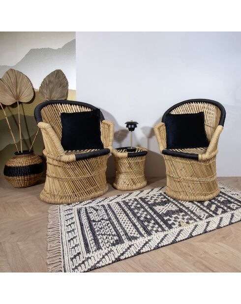 2 fauteuils en bambou avec 2 coussins zamzebe naturel/noir - 66x50x90 cm