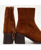 Bottines en Velours de Cuir Diouma cognac - Talon 7 cm