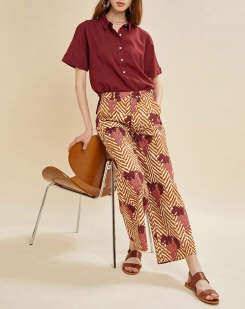 Palau broek met camel/bordeauxrode print