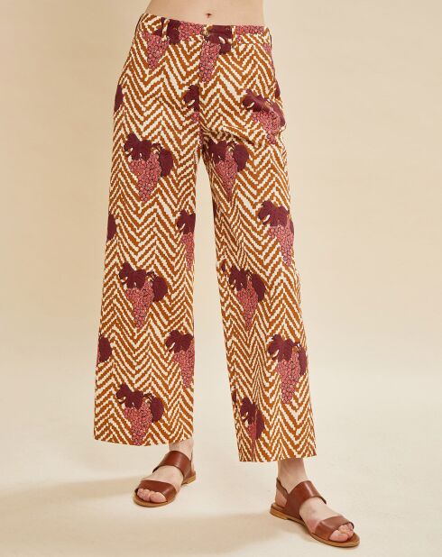 Palau broek met camel/bordeauxrode print