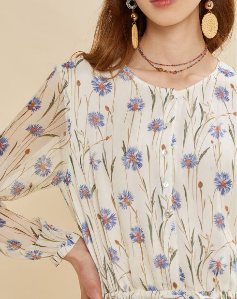 Ronald ecru/blauwe bloemenjurk