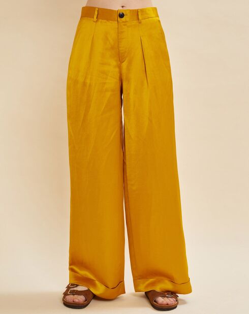 Gele satijnen broek van linnenmix Orson