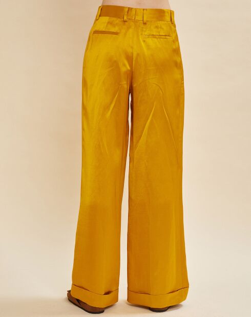 Gele satijnen broek van linnenmix Orson