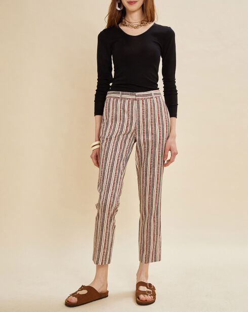 Priscille gestreepte broek met aarde/ecru