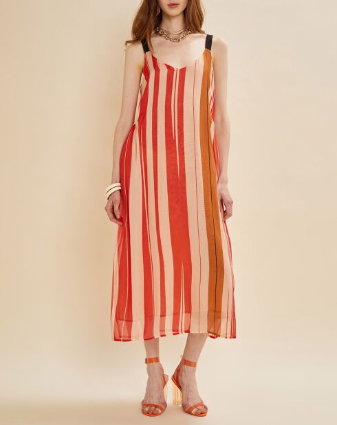 Robe en voile 100% Soie Maelle à rayures rouge/rose
