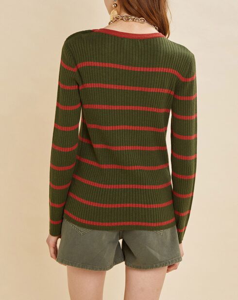 Pull Silvio rayé kaki/rouge