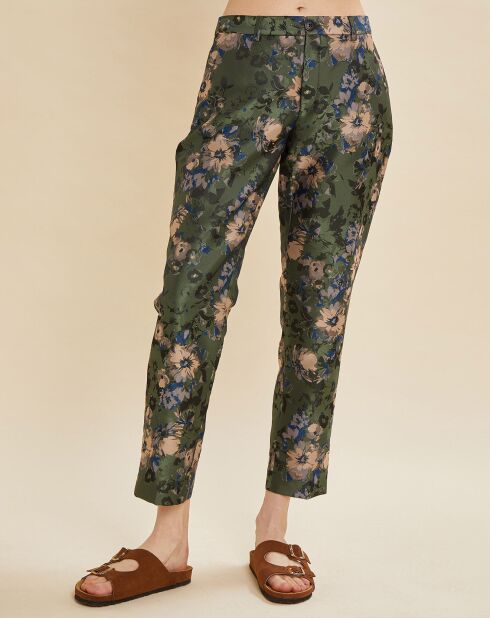 Edward satijnen broek met kaki groene bloemen