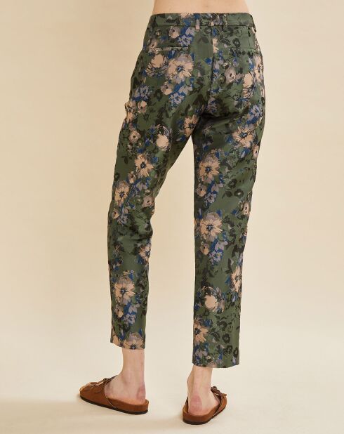 Edward satijnen broek met kaki groene bloemen