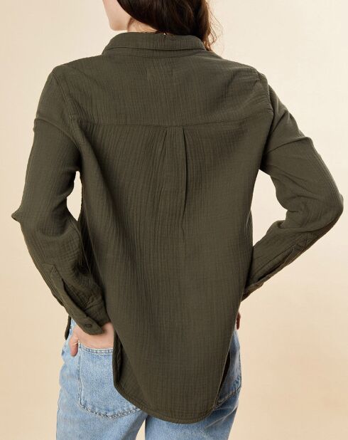 Chakifarbenes Baumwollhemd mit Mullmuster