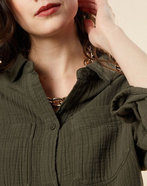 Chakifarbenes Baumwollhemd mit Mullmuster