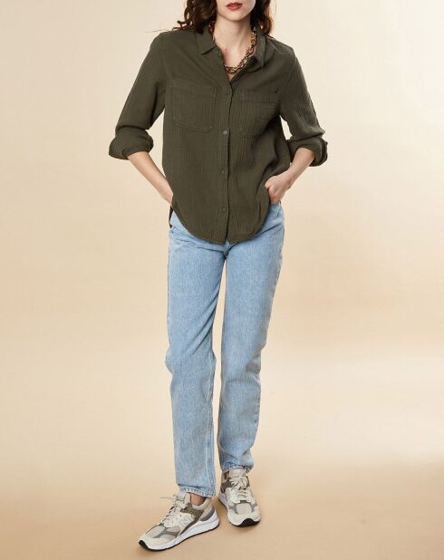 Chakifarbenes Baumwollhemd mit Mullmuster