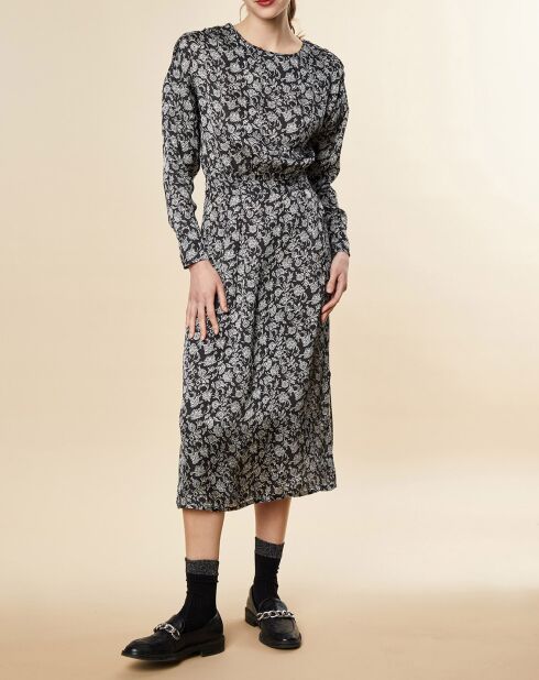 Natasha mittellanges und fließendes schwarzes bedrucktes Kleid