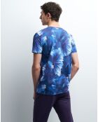 T-Shirt slim 100% Coton Bio Tcoraux à fleurs bleu indigo