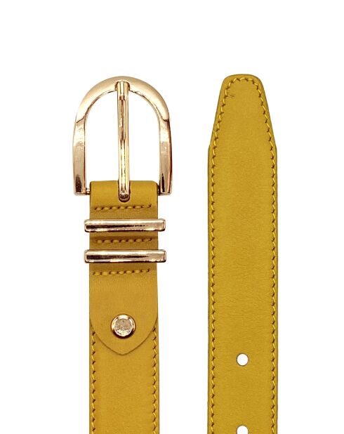 Ceinture femme en Cuir 2 passants argentés moutarde