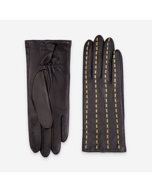 Gants cuir agneau-100% soie-21588SN-brun-vert