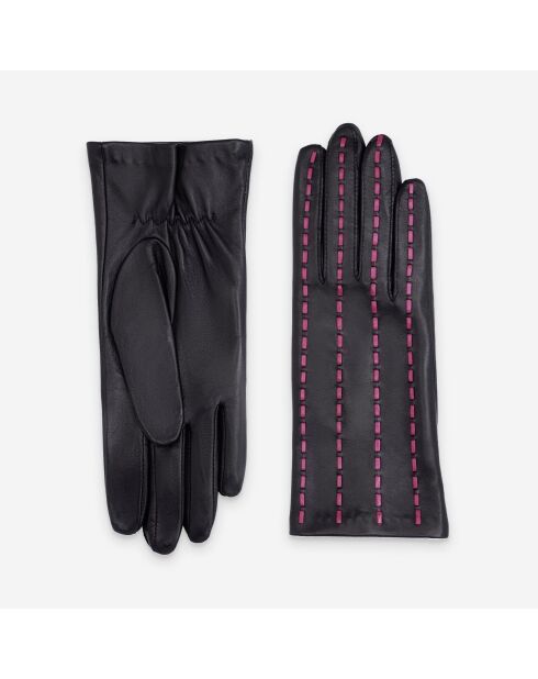 Gants cuir agneau-100% soie-21588SN-noir-fuchsia