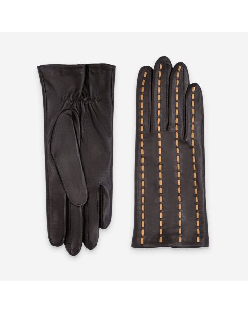 Gants cuir agneau-100% soie-21588SN-brun-jaune