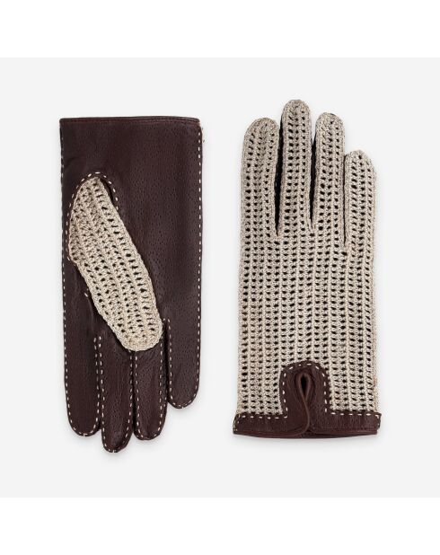 Gants crochet en Coton & Cuir d'Agneau non doublés 21188NF tan
