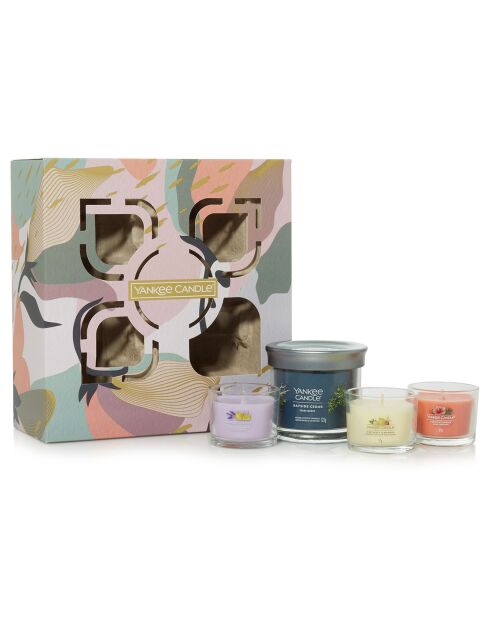 Coffret d'été 3 bougies votives en verre + gobelet - 2 mèches - 60 - 100h