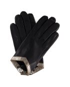 Gants en Cuir d'Agneau doublure Soie Cube café noir/doré