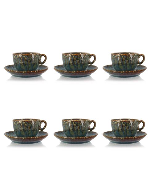 6 Tasses Et Soucoupes gris/vert/bleu - 16cl