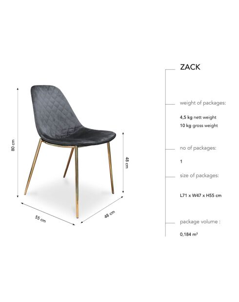 Défectueux - 2 Chaises en Velours Zack bleu roi - 55x48x80 cm
