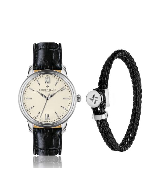 Montre & Bracelet Mixte en Cuir Geneva noirs