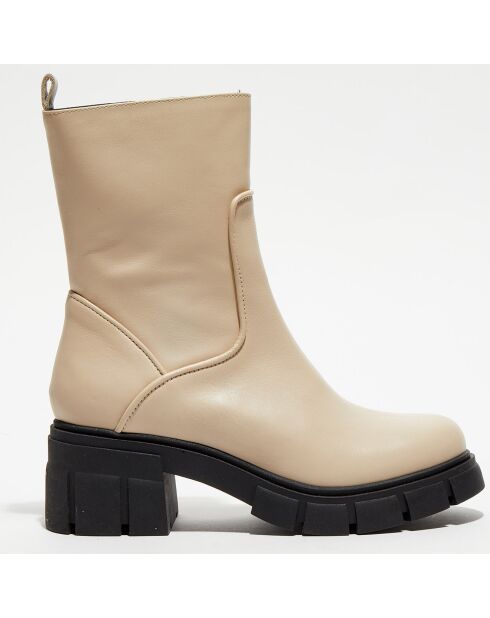 Boots en Cuir détails rempliés beiges - Talon 7 cm