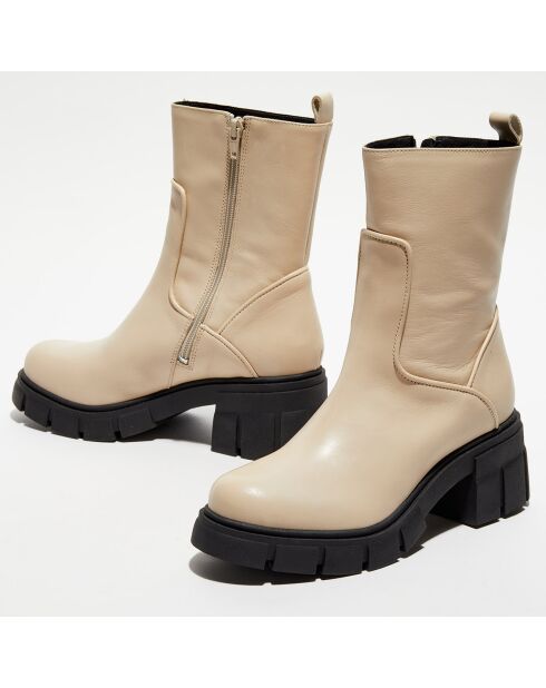 Boots en Cuir détails rempliés beiges - Talon 7 cm