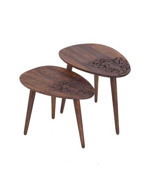 Set 2 tables d'appoint plateau sculpté bois massif | Acacia Adir