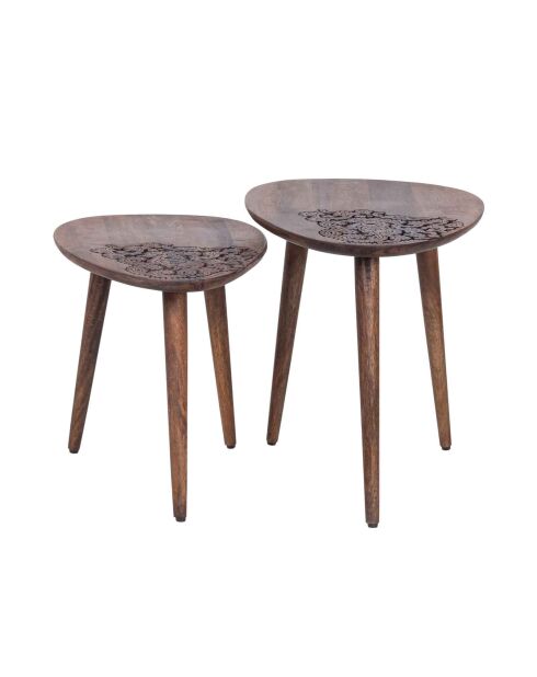 Set 2 tables d'appoint plateau sculpté bois massif | Acacia Adir