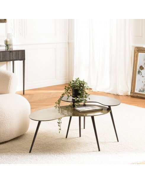 Set de 2 tables basses ovoïdes en aluminium noir mat et doré