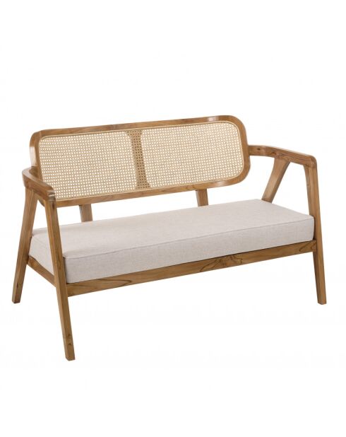 WILL - Canapé FLORES 2 p. en teck dossier cannage naturel coussin gris