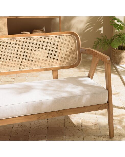 WILL - Canapé FLORES 2 p. en teck dossier cannage naturel coussin gris