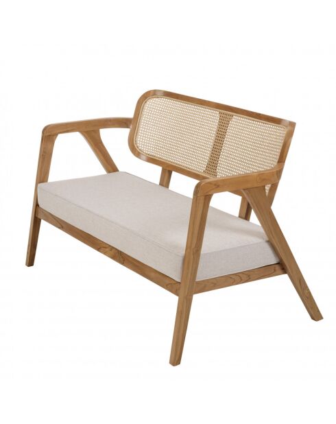 WILL - Canapé FLORES 2 p. en teck dossier cannage naturel coussin gris