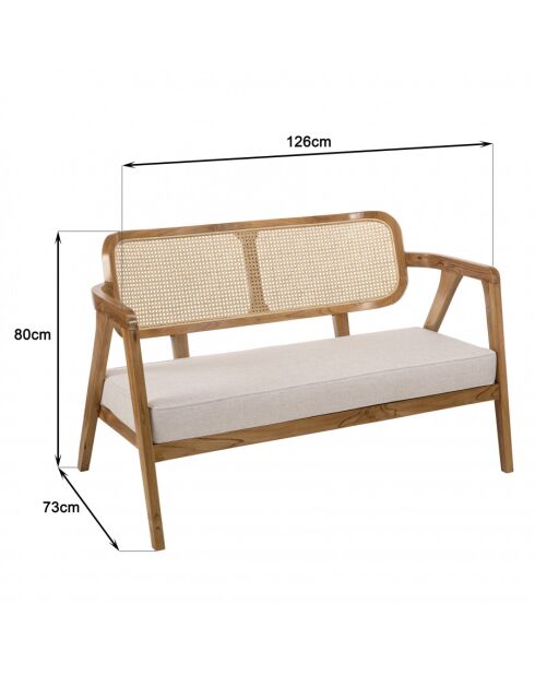 WILL - Canapé FLORES 2 p. en teck dossier cannage naturel coussin gris