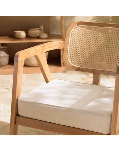 Fauteuil FLORES en teck dossier en cannage naturel coussin gris