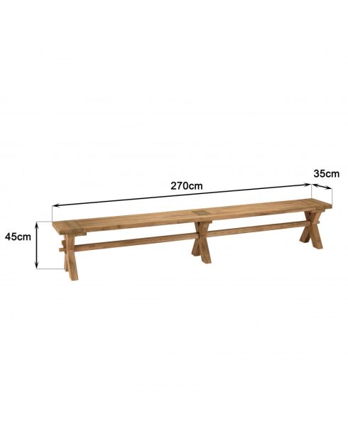 KALLY - Banc de jardin 270x35cm en teck recyclé, pieds croisés