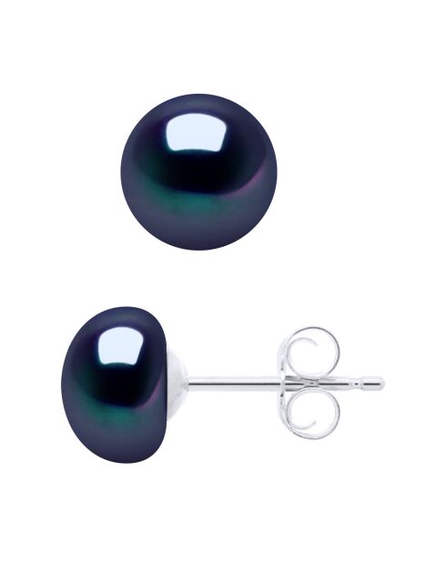 Boucles d'oreilles Or blanc & Perles de Culture d'Eau Douce Boutons noires