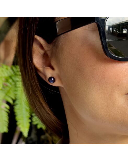 Boucles d'oreilles Or blanc & Perles de Culture d'Eau Douce Boutons noires
