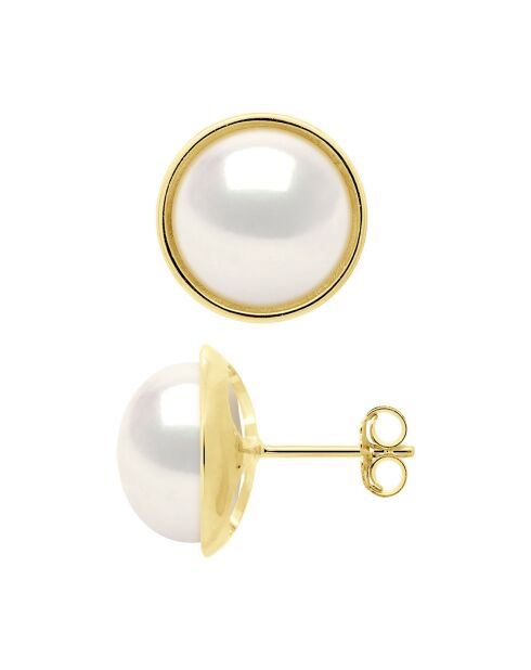 Boucles d'oreilles Or jaune & Perles de Culture d'Eau Douce Boutons blanc naturel